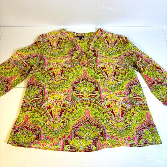 Talbots Green and Pink Paisley V-neck Tunic Size Large - Picture 3 of 7